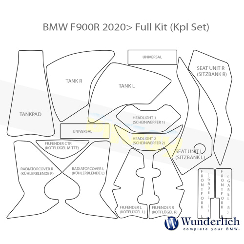 분덜리히 BMW 모토라드 F 900 R 컴플리트 페인트 프로텍션 세트 &gt;프리미엄 쉴드&lt; - 클리어 33332-200